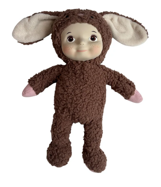 Maeve Rabbit brown cotton plush doll with silicone face held by a child - Lulliyo Lulliyo