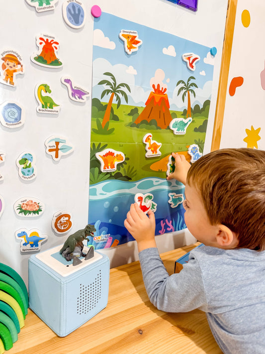 Box of magnetic dinosaurs with colorful illustrations on a white background Lulliyo