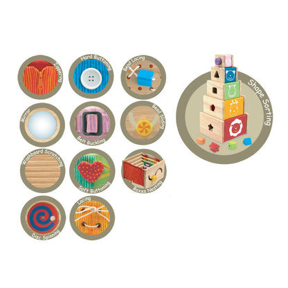 Set of wooden toys with various shapes and designs on a white background