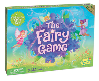 The Fairy Game board game box by Peacocking Kitchen, featuring colorful cartoon fairies, purple flowers, and a bright blue and green background.
