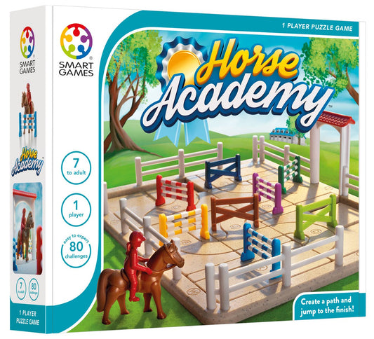 Horse Academy puzzle game box by Smart Games with colorful horse obstacles and rider figure. Lulliyo