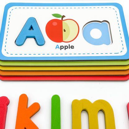 Colorful alphabet flashcards with letters and an apple illustration on a white background