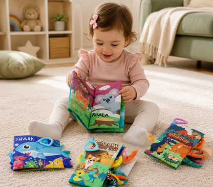 Child playing with colorful books on a carpeted floor in a cozy living room.