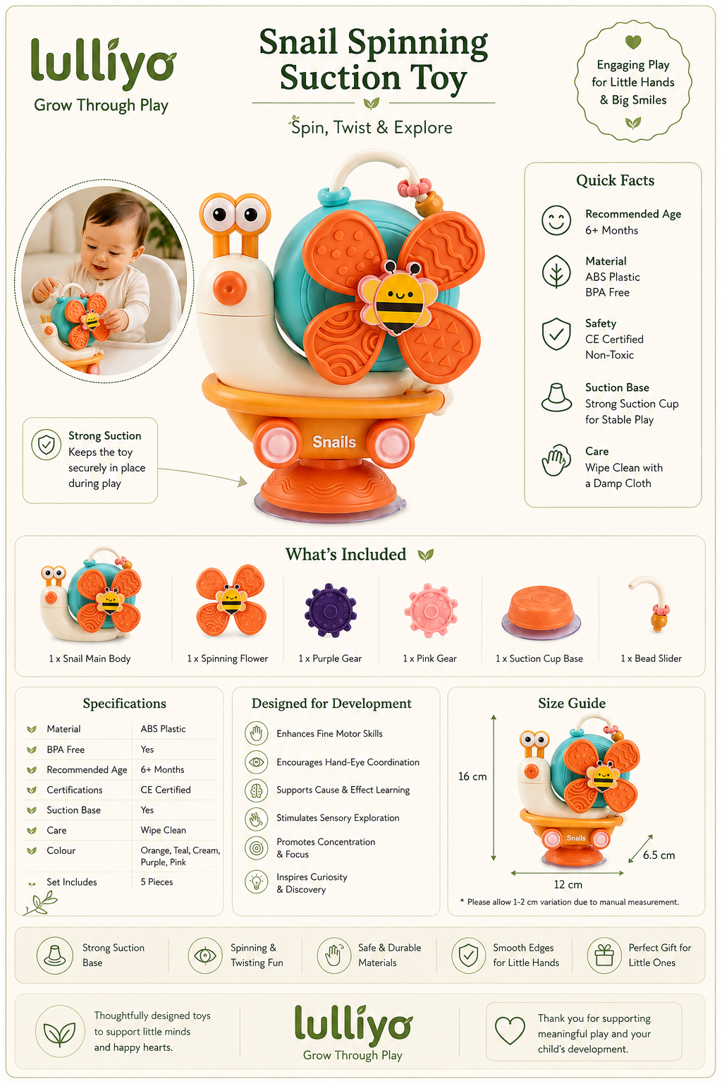 Snail Suction Cup Spinner Toy – Sensory Travel Play - Lulliyo