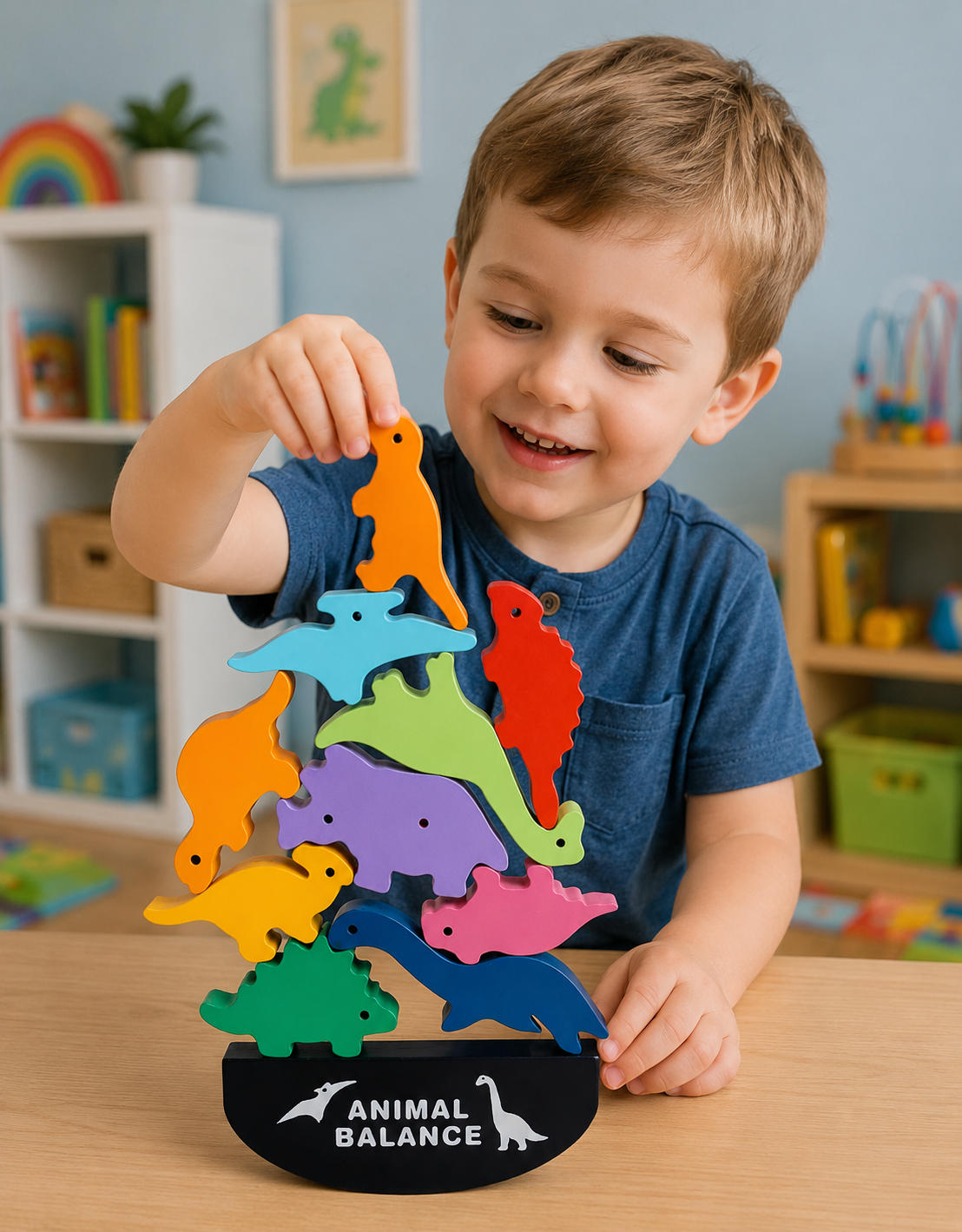Child playing with a colorful animal balance puzzle in a classroom setting