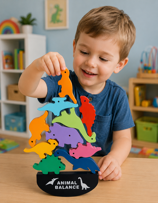 Child playing with a colorful animal balance puzzle in a classroom setting Lulliyo