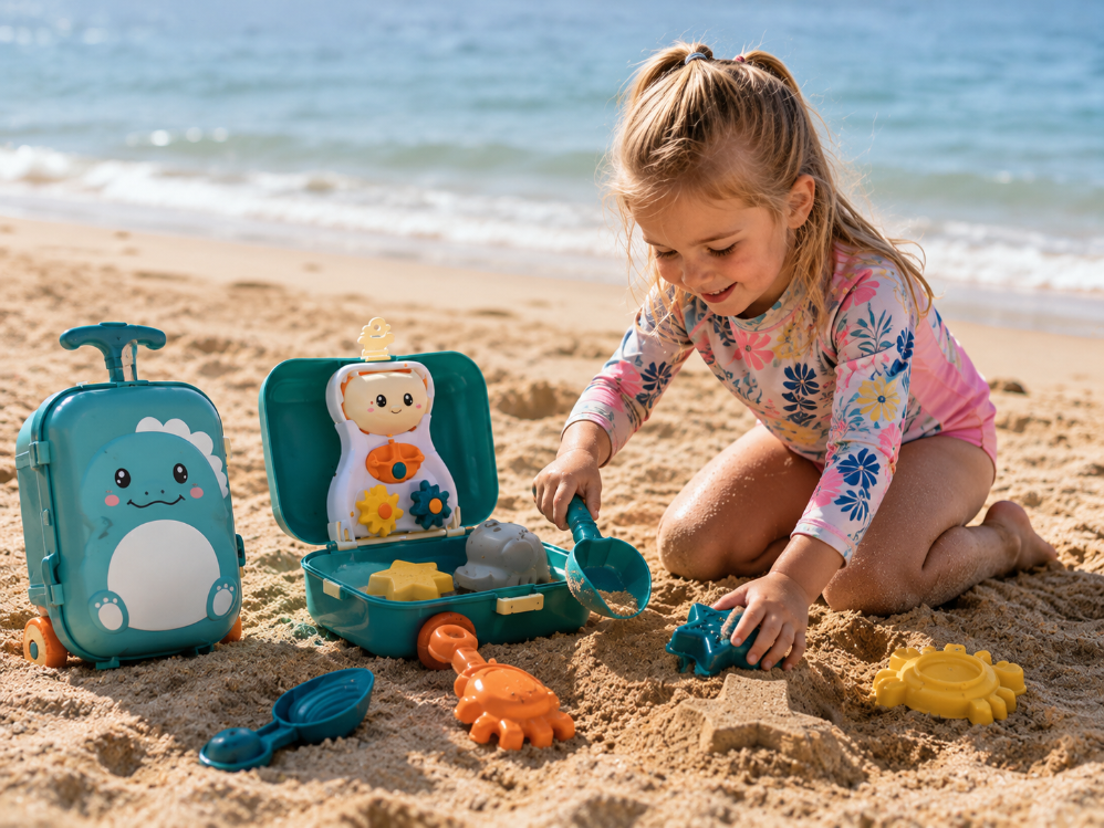 A young girl with blonde hair in a ponytail kneels on a sandy beach next to a teal plastic toy suitcase and a matching open toy case filled with sand toys, with the ocean in the background.