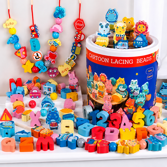 136-Piece Wooden Lacing Beads – Alphabet & Number Learning Set - Lulliyo Lulliyo