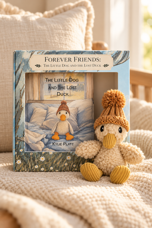 Forever Friends: The Little Dog and the Lost Duck book by Kylie Platt with Petunia duck plush toy Lulliyo