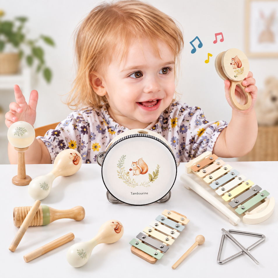 A toddler with blonde hair sits at a white table, smiling and holding a wooden maraca. In front of them is a wooden toy percussion set including a tambourine, maracas, a xylophone, a triangle, and mallets, all decorated with illustrations of squirrels.
