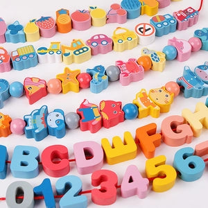 136 Pcs Wooden Lacing Beads - Montessori Learning Set - Lulliyo