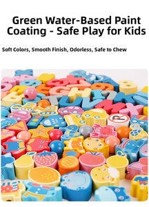 Colorful children's toys including lacing bears and letter blocks on a white surface. Lulliyo