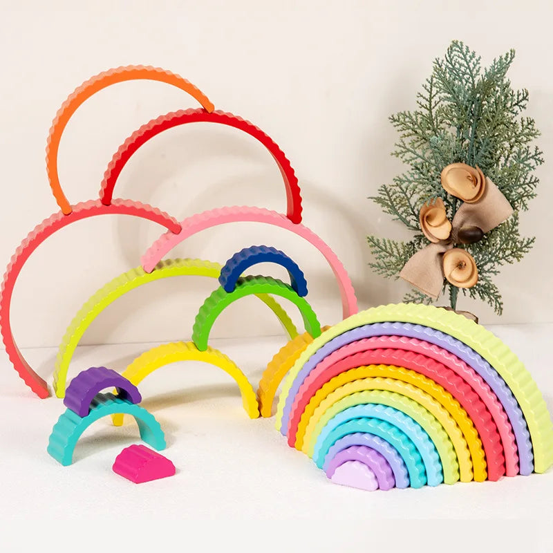 Montessori Wooden Rainbow Blocks – 12-Piece Arch Stacking Toy - Lulliyo