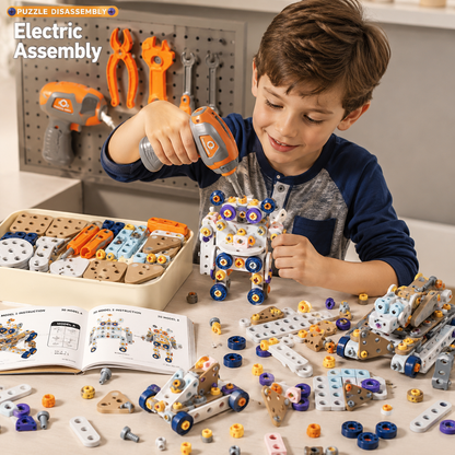 A boy assembling a small robot with a toy hammer in a bright workshop setting, surrounded by colorful building blocks, loose parts, an instruction booklet, and a pegboard with tools.