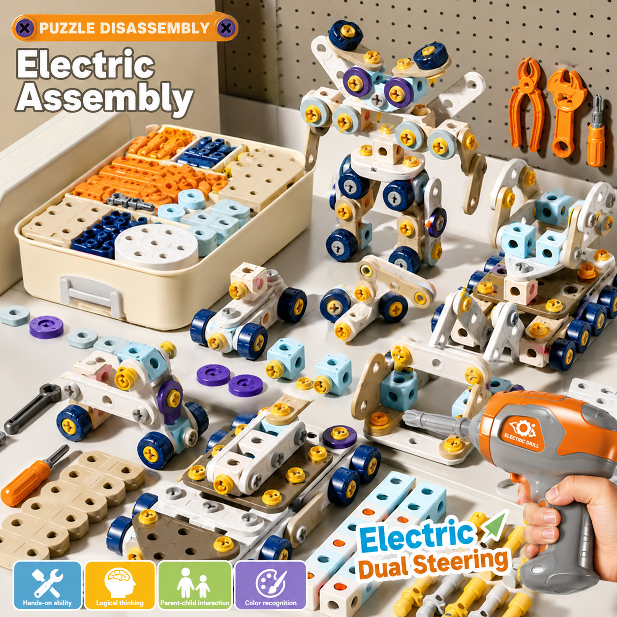 Electric assembly toy set with multiple white, blue, and yellow plastic building blocks and tools, shown with a hand holding an orange power drill. The image includes text overlays such as 'Puzzle Disassembly', 'Electric Assembly', and 'Electric Dual Steering', along with feature icons at the bottom.