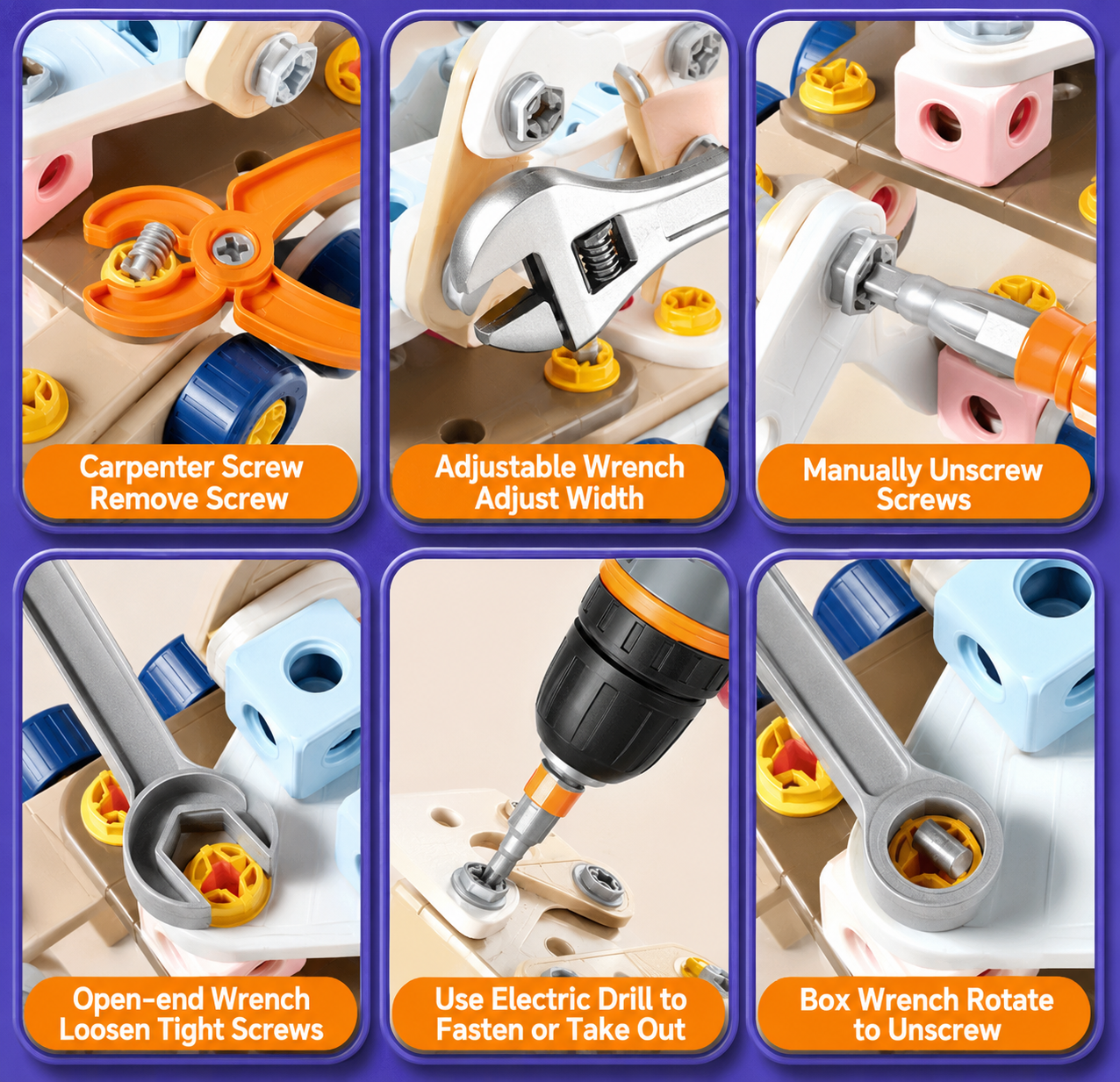 A 6-panel instructional collage showing how to use a multicolor toy wrench set to remove, adjust, unscrew, loosen, and drive screws, with text labels under each panel.