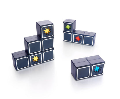 Stack of interlocking blue cubes with colorful star designs on a white background