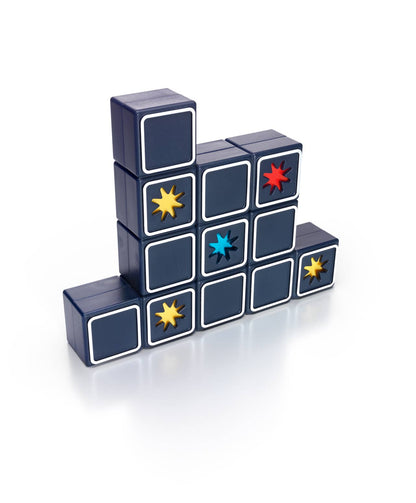Stack of blue square blocks with colored stars on a white background