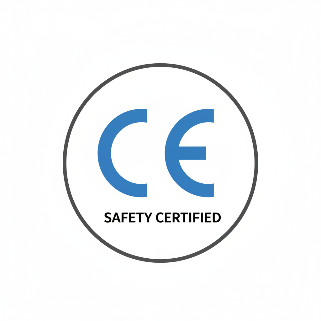 CE safety certified logo icon on a white background, featuring a blue CE symbol inside a thin black circle with the text 'SAFETY CERTIFIED' below.
