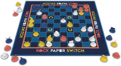 Rock Paper Switch game board with a blue grid, colorful circular tokens, and small paper-like pieces scattered around on a white background.