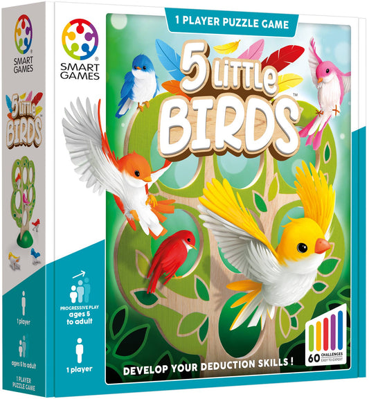 Box art for the board game "5 Little Birds" by Smart Games, showing colorful illustrated birds, a green leafy background, and product details including age 5 to adult and 1 player. Lulliyo