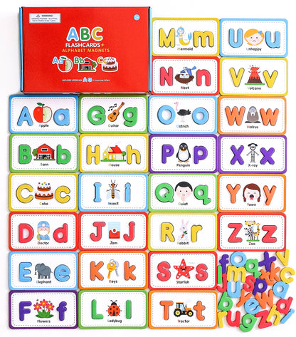Set of colorful alphabet flashcards with letters and pictures on a red box.